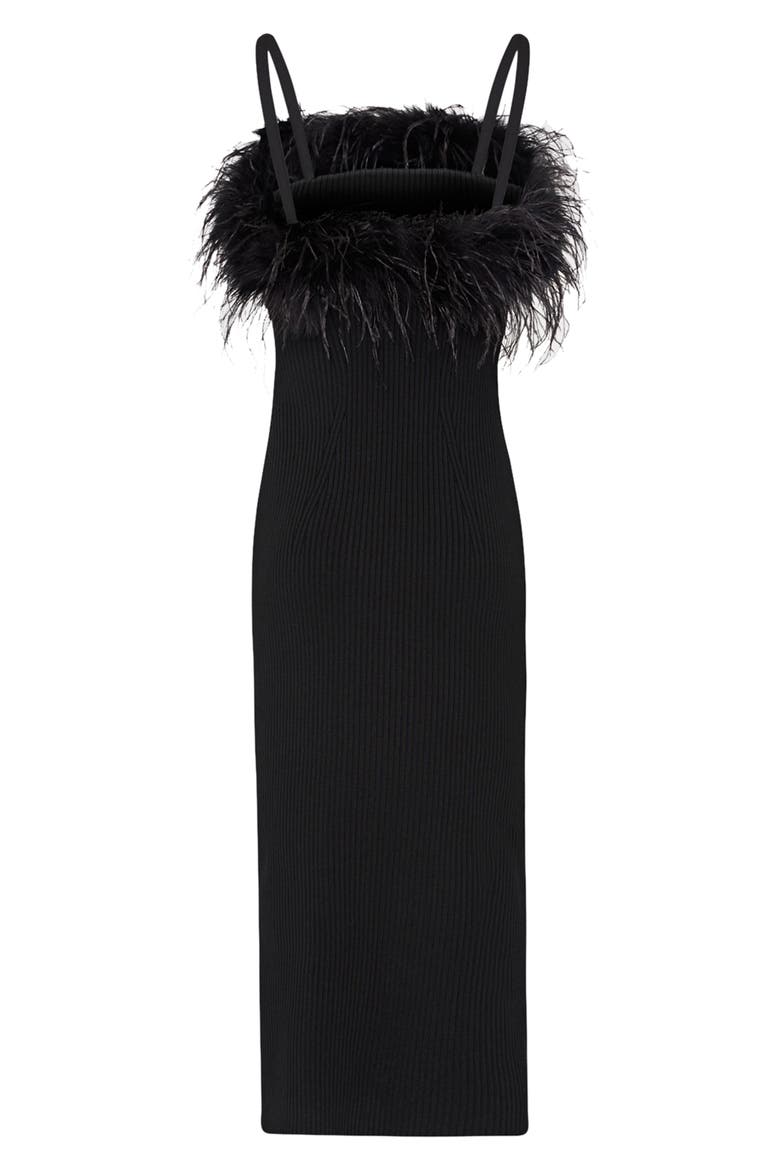 Robena Feather Detail Midi Dress, Alternate, color, BLACK