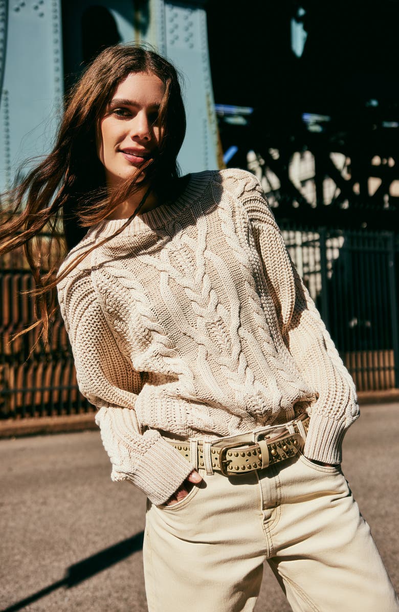 Free People Frankie Cable Cotton Sweater, Alternate, color, Black