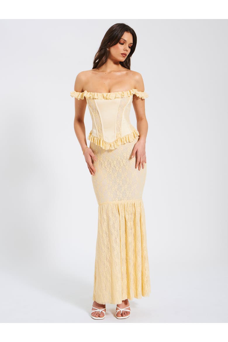 Ersilia Satin Lace Peplum Corset Off Shoulder Maxi Dress, Alternate, color, Pale Yellow