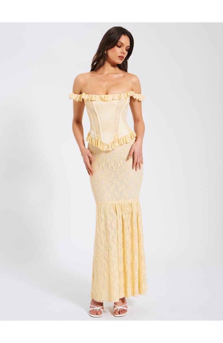 Miss Circle Ersilia Satin Lace Peplum Corset Off Shoulder Maxi Dress, Alternate, color, Pale Yellow