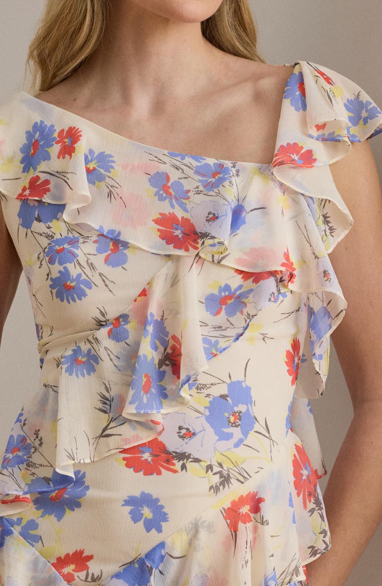 Lauren Ralph Lauren Floral Ruffle Detail Georgette Gown, Alternate, color, Creamy White/ Multi