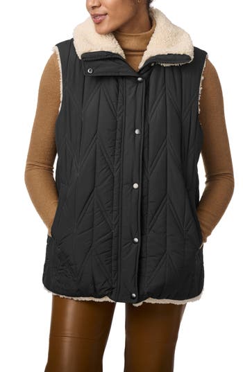Bernardo Chevron Quilted Faux Shearling Lined Recycled Polyester Reversible Vest In Black