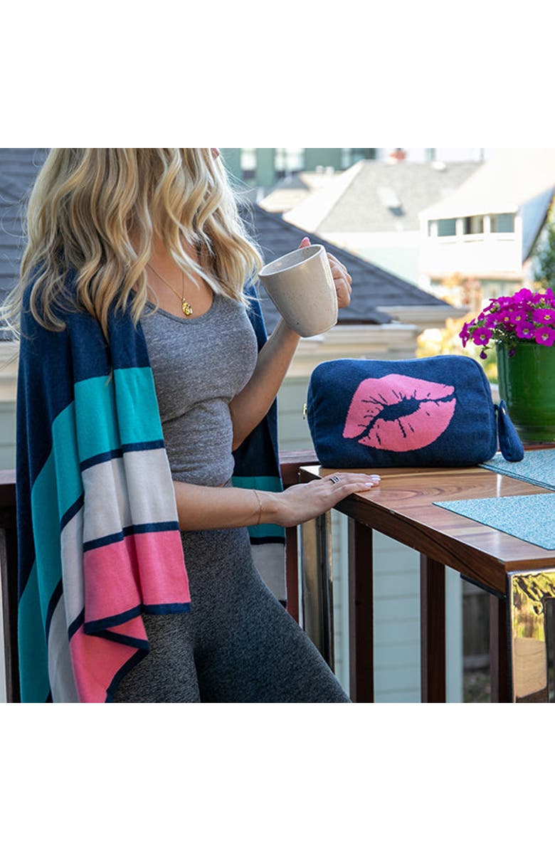 Pink Lemonade Kiss Lips Organic Cotton Travel Blanket and Eye Mask Set, Alternate, color, Navy