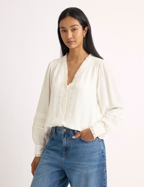 Lace Trim V Neck Blouse