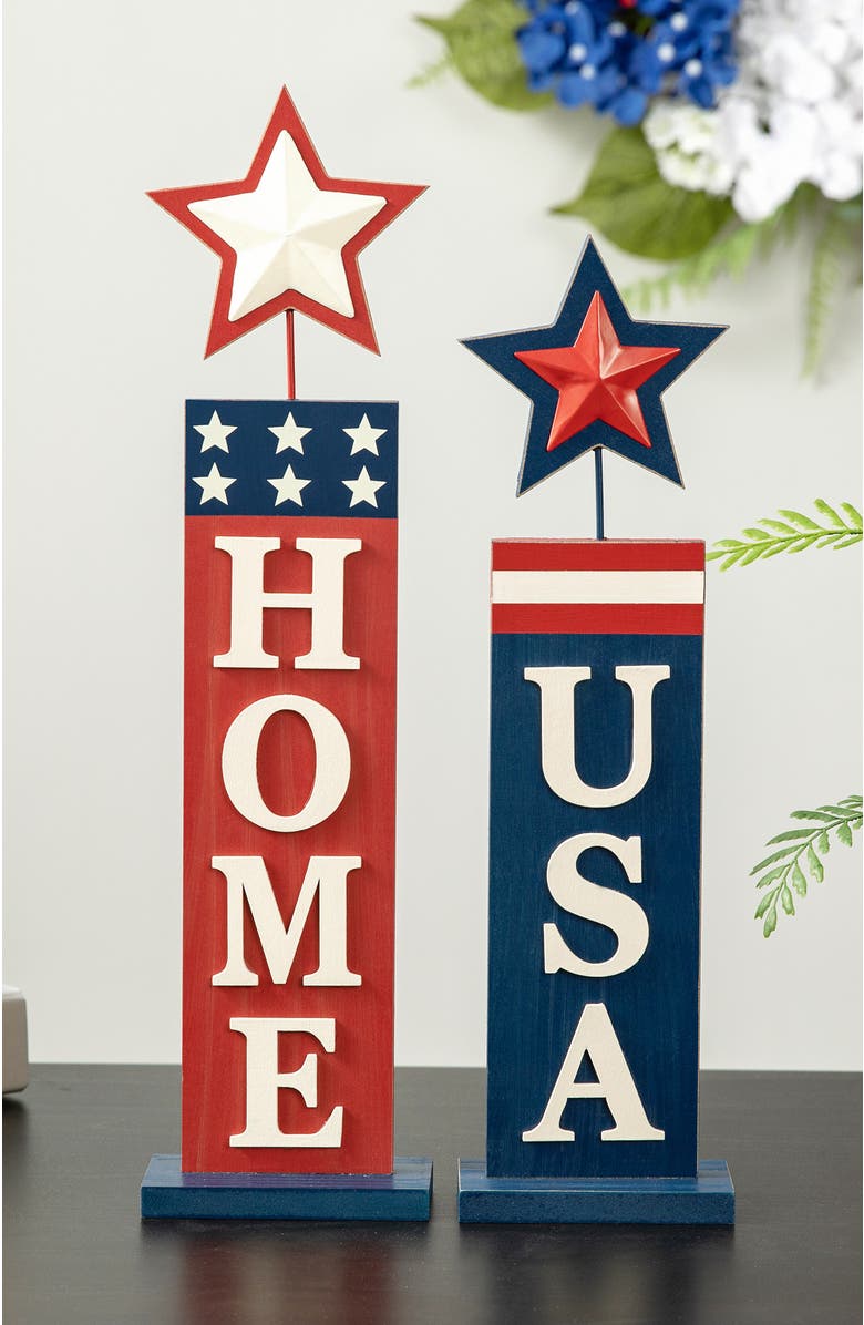 Glitzhome Set of 2 Wooden Patriotic Americana Firecracker Table Sign, Alternate, color, 