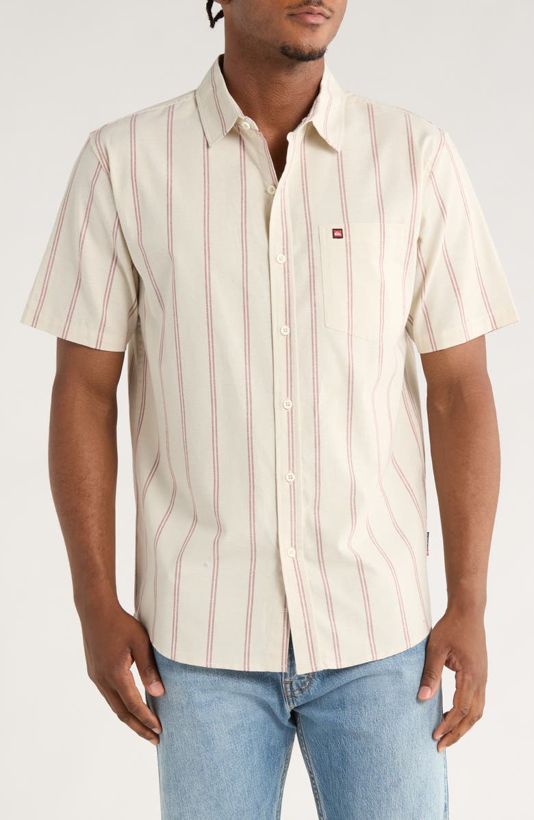 Quiksilver Keel Stripe Classic Fit Short Sleeve Shirt, Main, color, Silver Birch