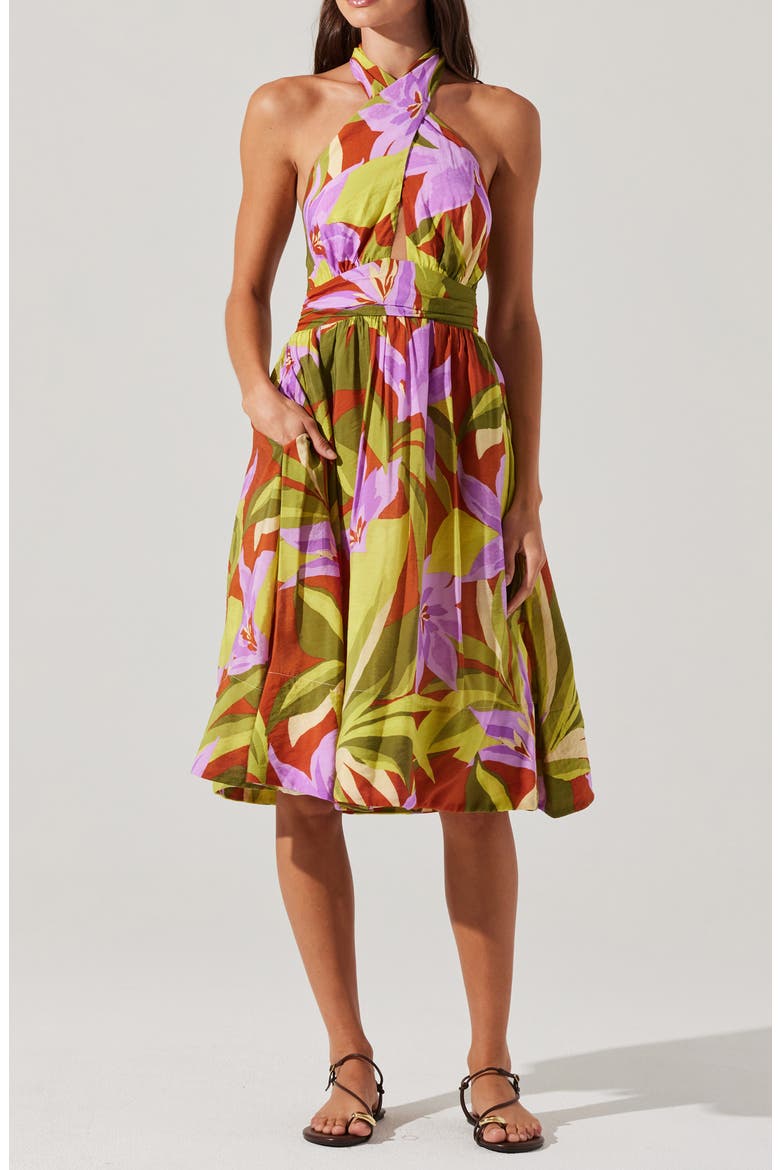Kalia Floral Halter Neck Dress, Main, color, GREEN RUST FLORAL