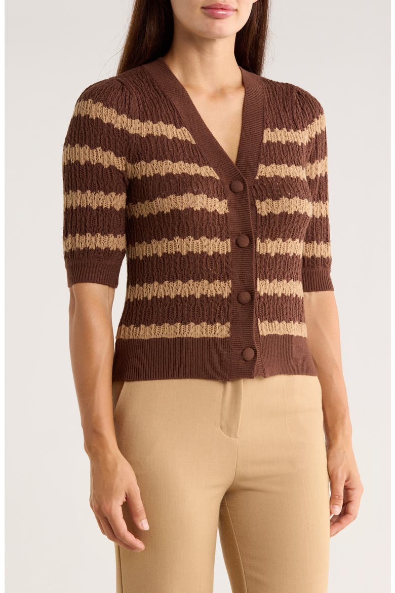 Stripe Short Sleeve Pointelle Cardigan, Main, color, BROWN