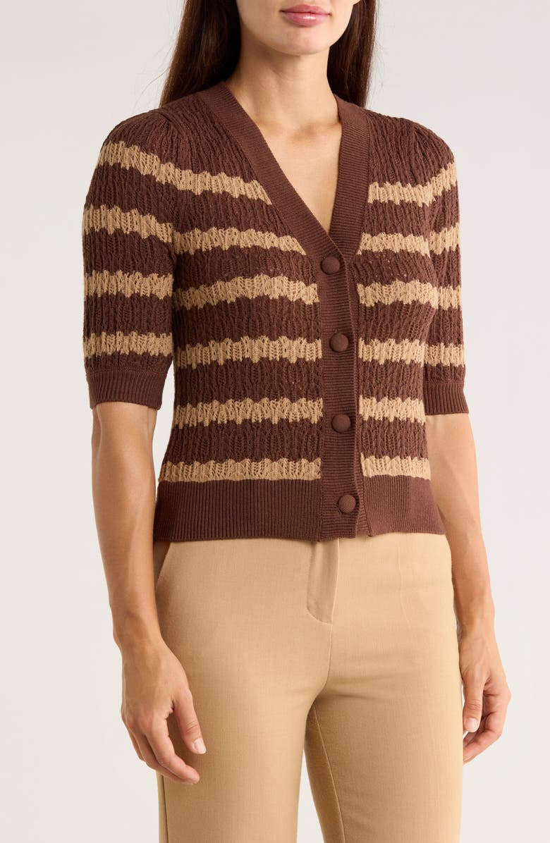 Ellen Tracy Stripe Short Sleeve Pointelle Cardigan, Main, color, Brown