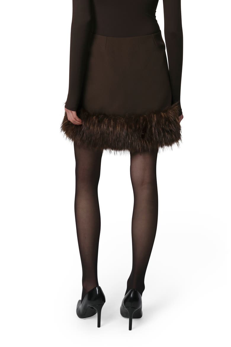 Meadow Stretch Crepe Miniskirt with Faux Fur Trim, Alternate, color, DARK BROWN / DARK BROWN