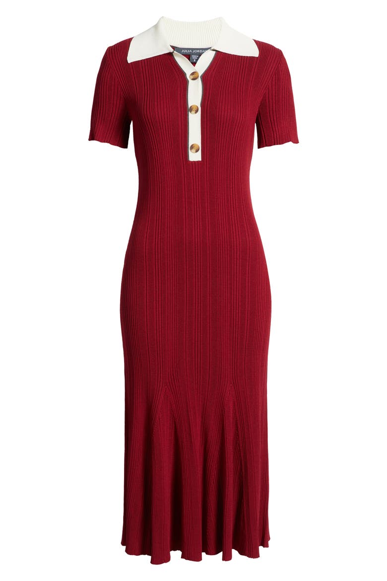 Short Sleeve Rib Polo Sweater Dress, Alternate, color, RED/ IVORY
