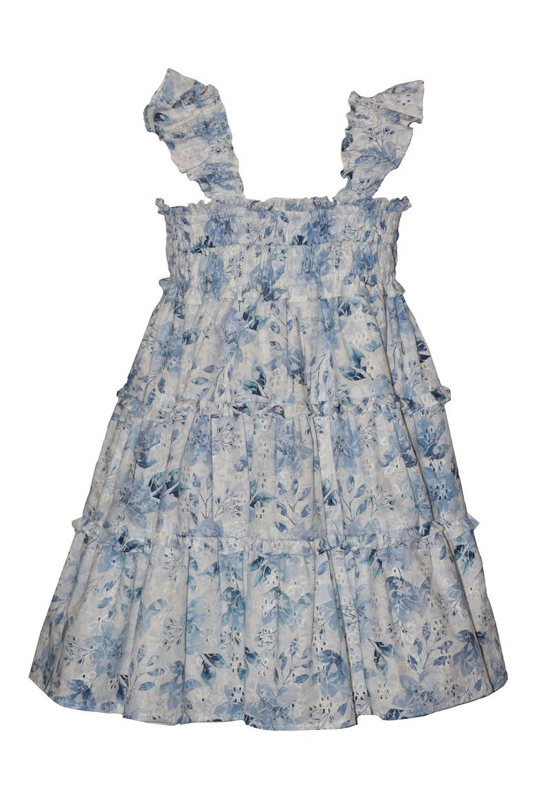 Kids' Flutter Sleeve Eyelet Tiered Dress, Alternate, color, BLUE WHITE