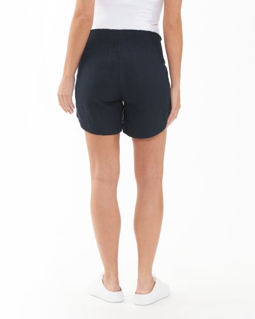 Ripe Maternity Indi Smocked Linen Blend Drawstring Maternity Shorts In Blue