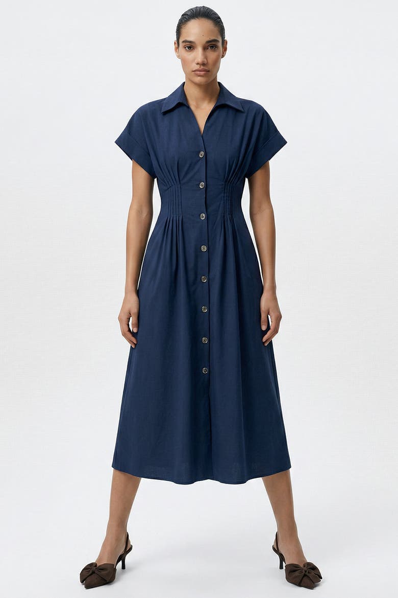 Reilly Shirt Collar Elastic Waist Midi Dress, Alternate, color, Navy