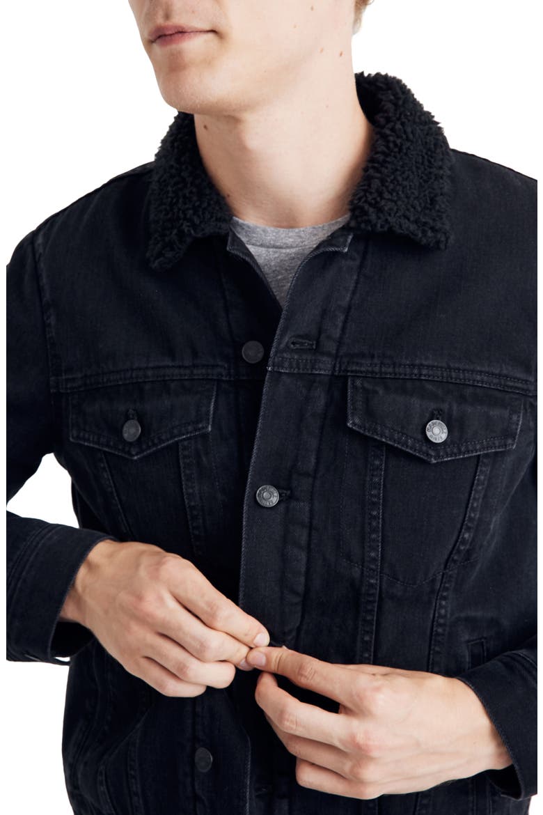 Faux Shearling Collar Denim Jacket, Alternate, color, BLACK 1