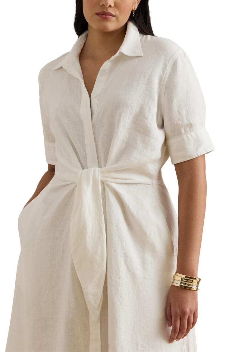 Tie Front Linen Shirtdress, Alternate, color, WHITE
