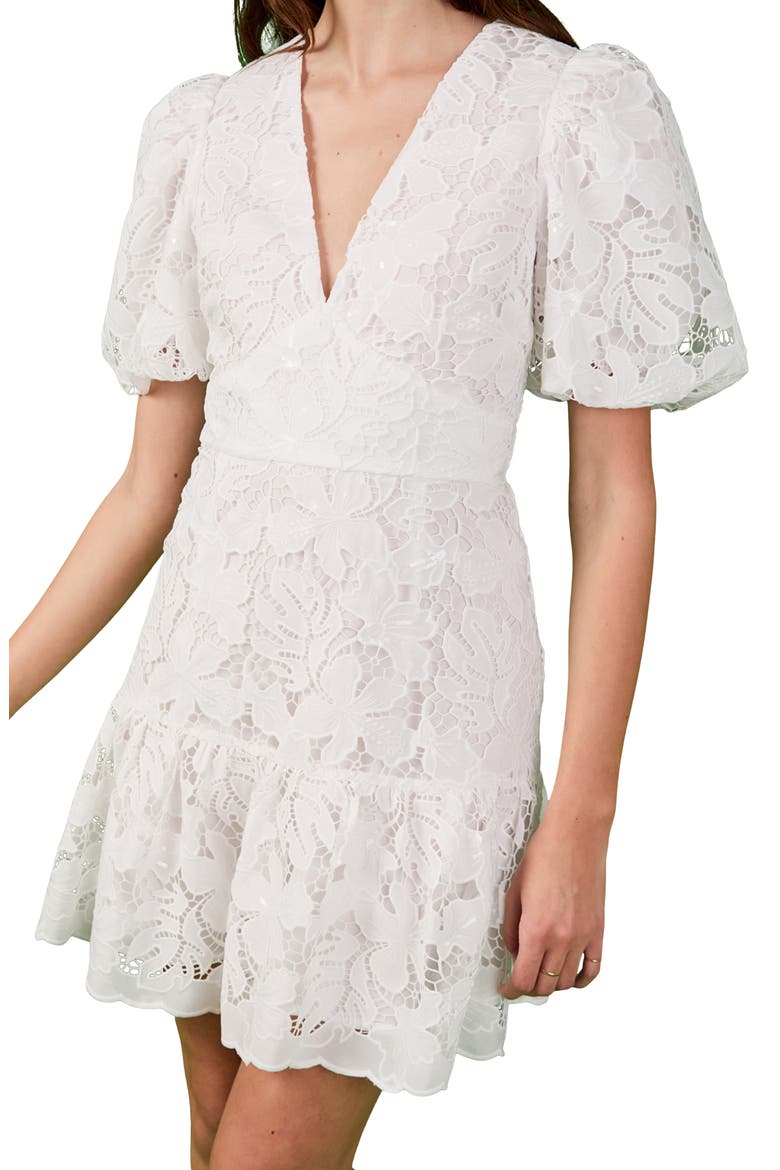 Sequin Lace Fit & Flare Minidress, Alternate, color, WHITE