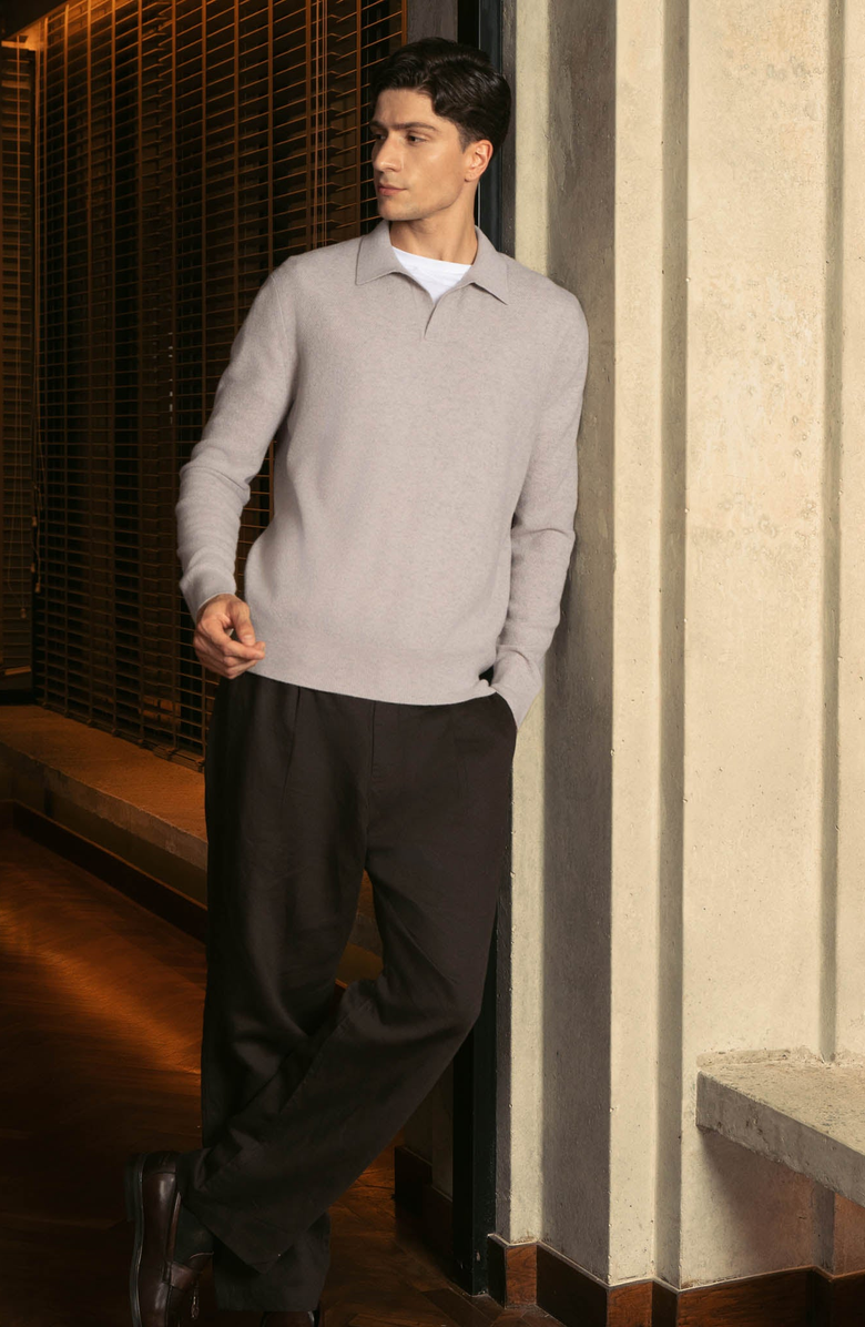 Italic Olivier Birdseye Cashmere Long Sleeve Polo, Alternate, color, Toasted Oat