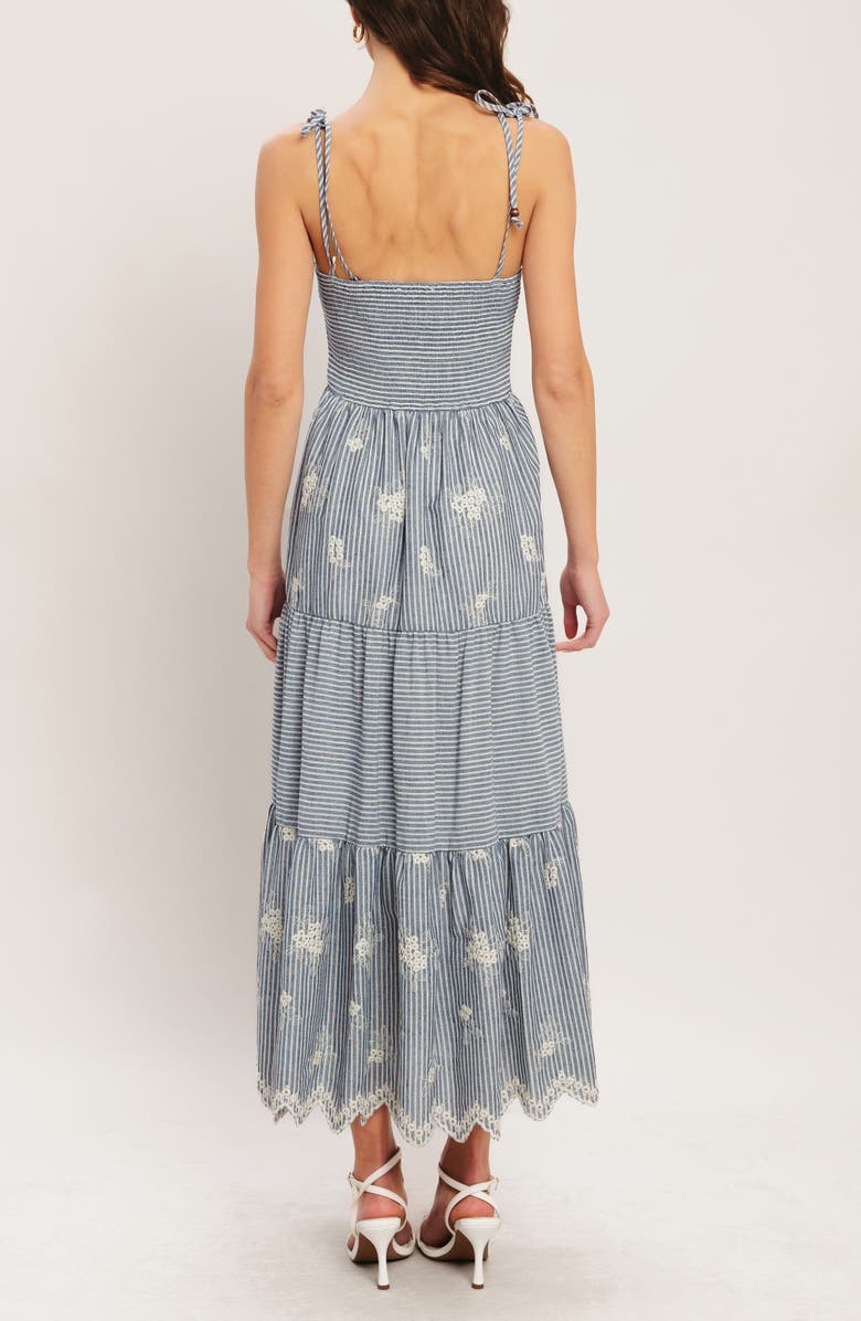 FLYING TOMATO Stripe Floral Embroidered Tie Shoulder Midi Dress, Alternate, color, Striped Indigo