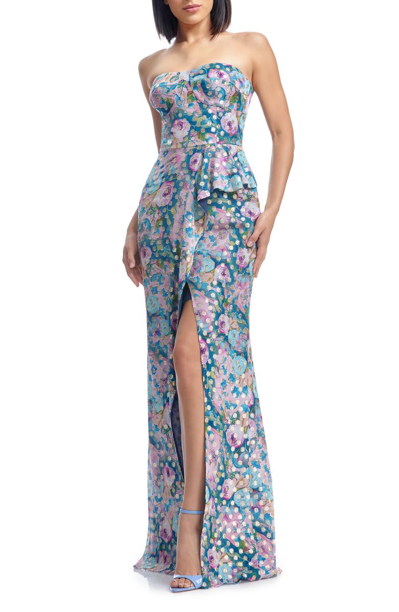 Dress the Population Kai Floral Metallic Clip Dot Strapless Gown, Main, color, Capri Multi
