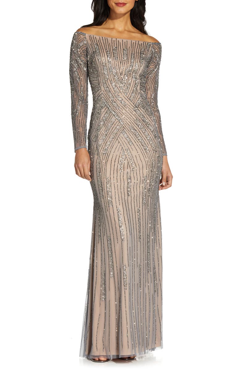 Adrianna Papell Beaded Long Sleeve Off the Shoulder Mermaid Gown, Main, color, Sterling