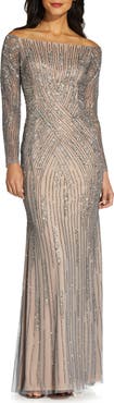 Adrianna Papell Beaded Long Sleeve Off the Shoulder Mermaid Gown