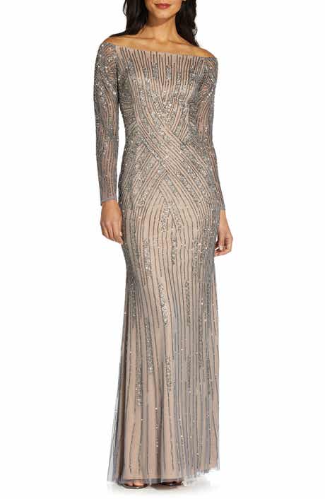 Adrianna Papell Beaded Long Sleeve Off the Shoulder Mermaid Gown
