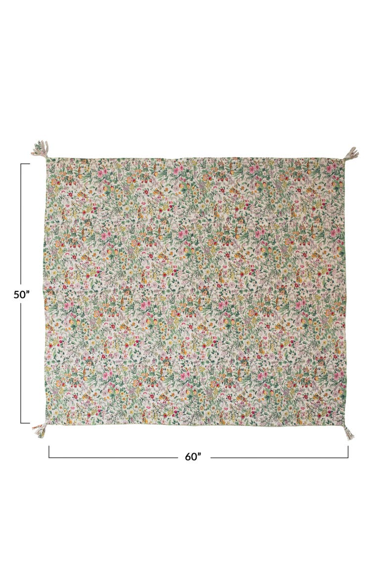 Soft Quilted Cotton Throw with Floral Pattern, Kantha Stitch and Tassels, Multicolor, Alternate, color, Beige