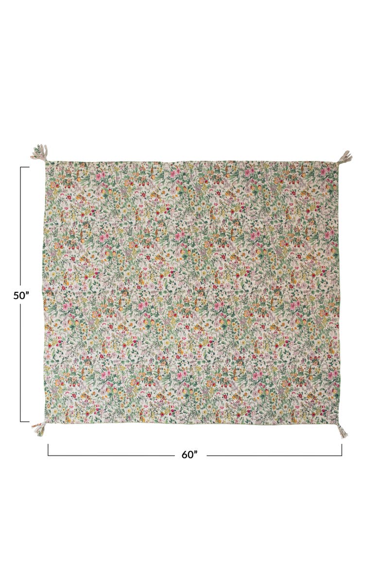 Storied Home Soft Quilted Cotton Throw with Floral Pattern, Kantha Stitch and Tassels, Multicolor, Alternate, color, Beige