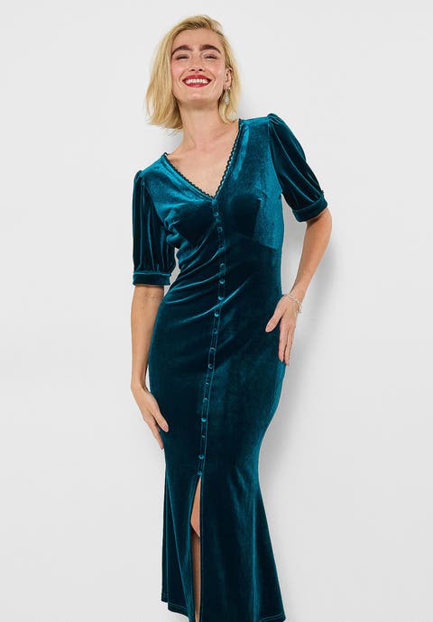 Stretch Velvet Fluted Midi Dress (plus)