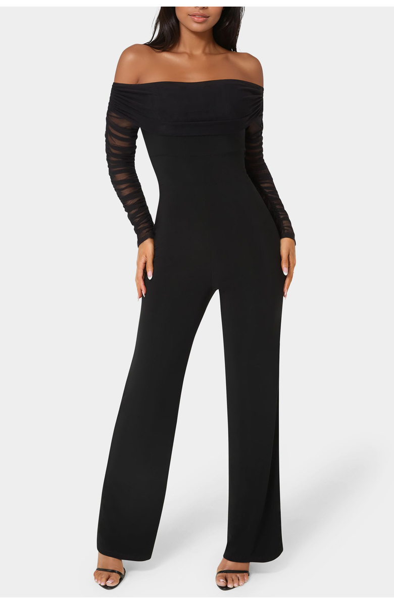 bebe Off Shoulder Ruched Jumpsuit, Main, color, Black