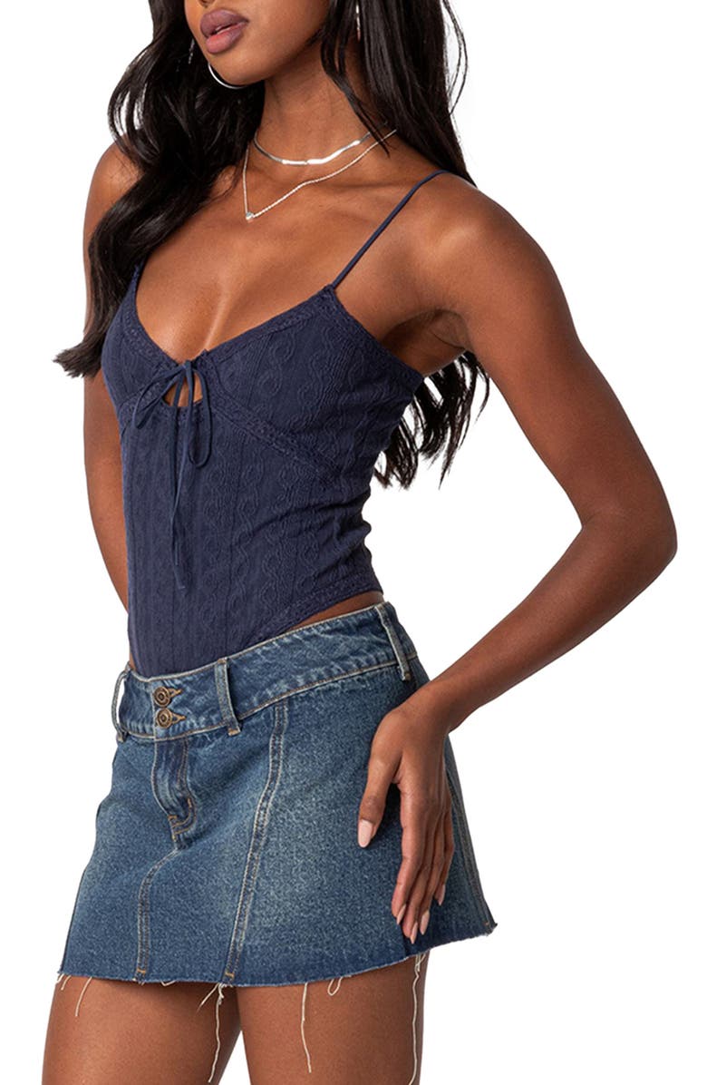 EDIKTED Lacey Keyhole Knit Bodysuit, Alternate, color, Navy