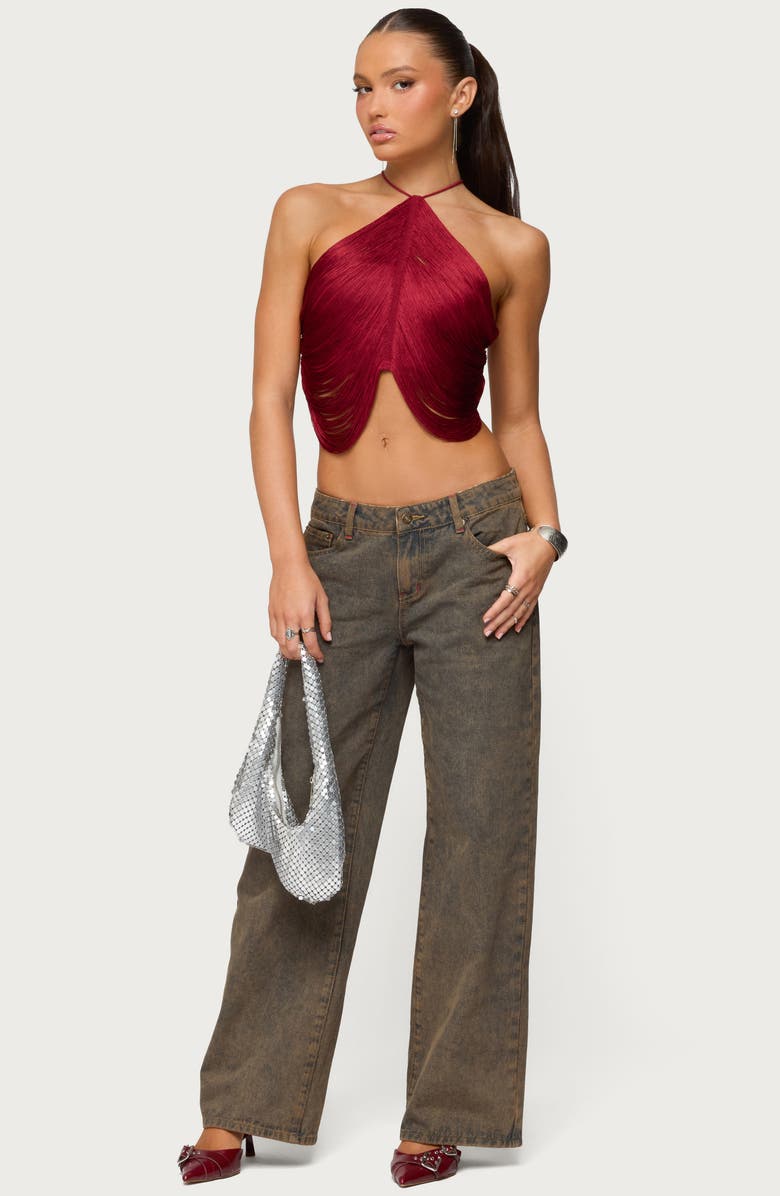 EDIKTED Hara Fringe Lace-Up Open Back Camisole, Alternate, color, Burgundy