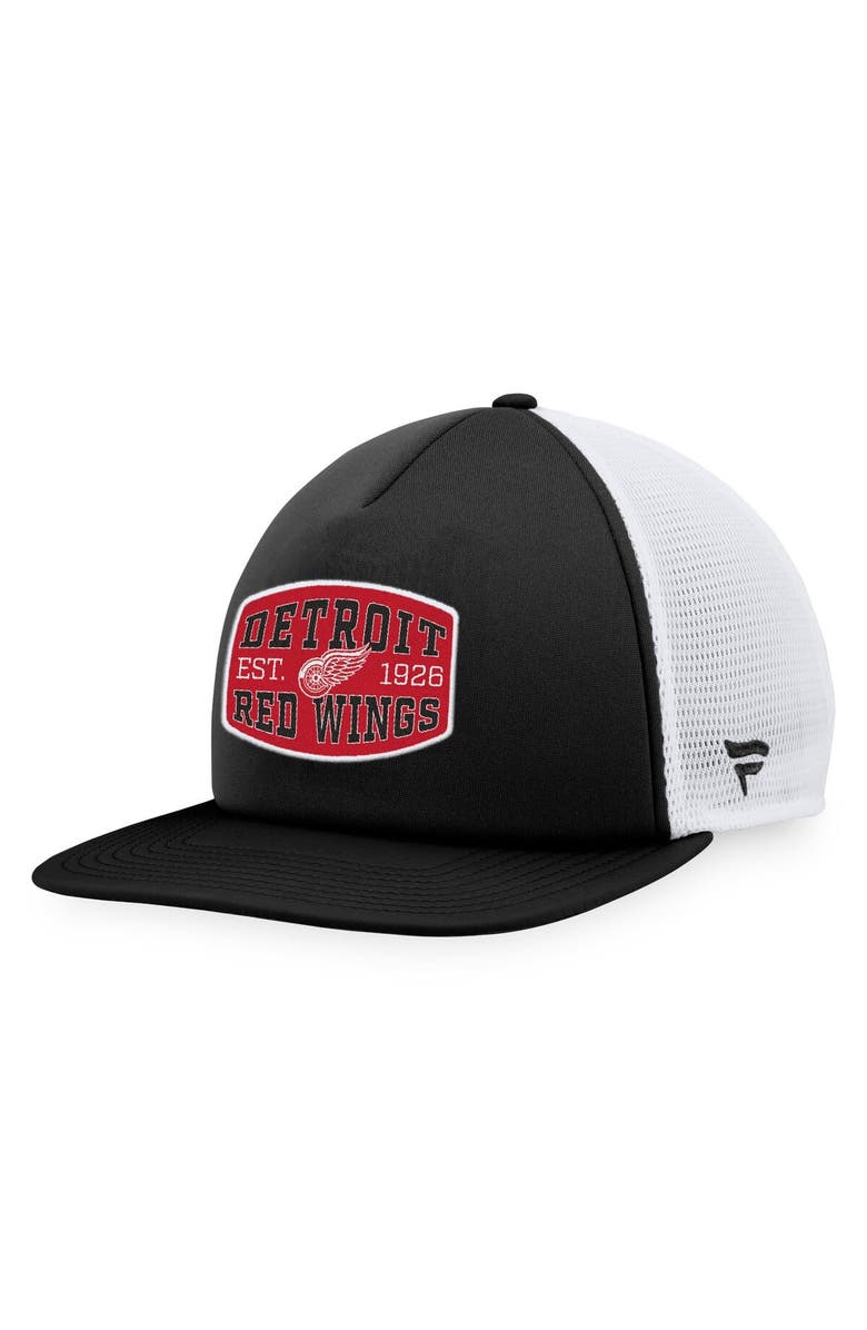 FANATICS Men's Fanatics Branded Black/White Detroit Red Wings Foam Front Patch Trucker Snapback Hat, Main, color, 