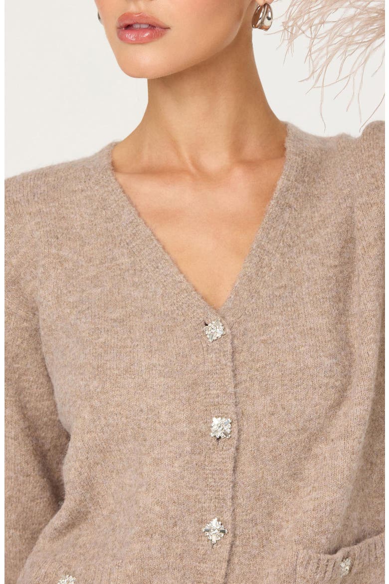 Grie Crystal Embellished & Feather Trim Cardigan, Alternate, color, TAUPE