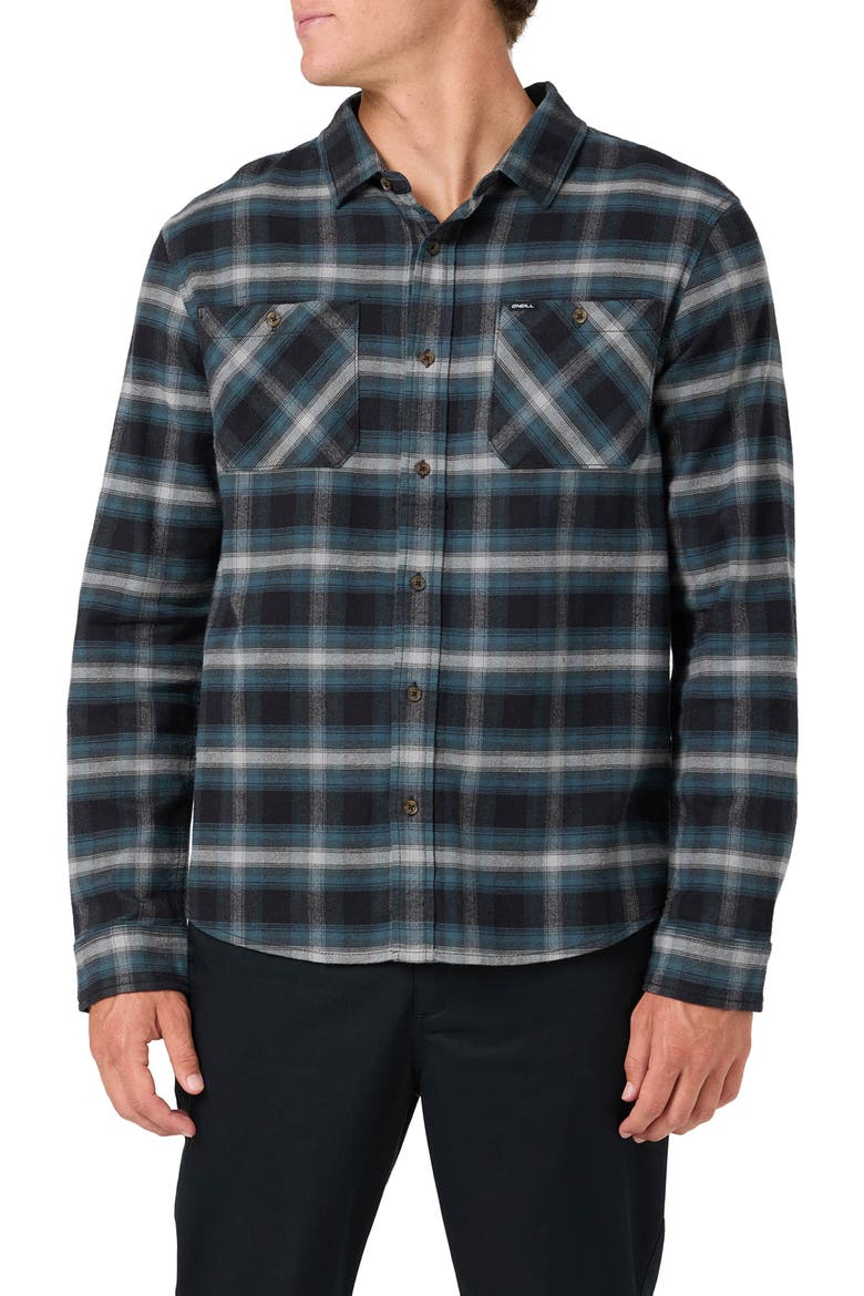 Coastline Plaid Stretch Cotton Flannel Button-Up Shirt, Main, color, BLACK