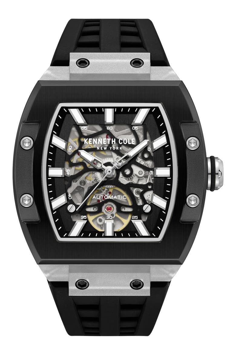 Skeleton Tonneau Automatic Silicone Strap Watch, 41.5mm x 53.5mm, Main, color, BLACK