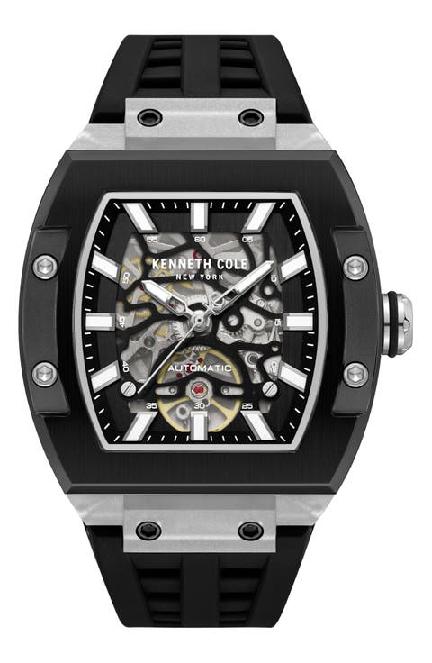 Skeleton Tonneau Automatic Silicone Strap Watch, 41.5mm x 53.5mm