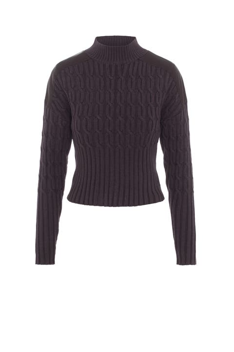 Dolman Cable Knit Leather Shoulder Sweater