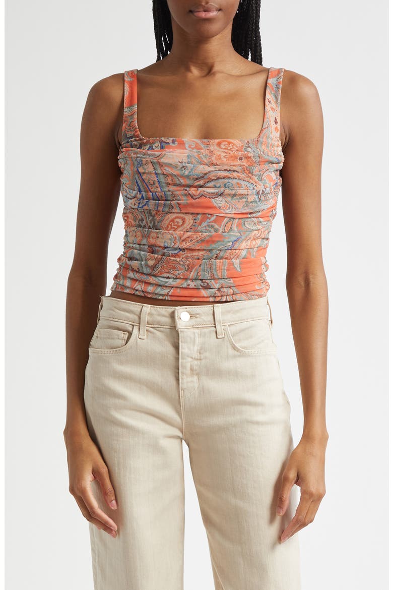 Rasha Paisley Ruched Mesh Tank, Main, color, ORANGE/ LIGHT BLUE PAISLEY