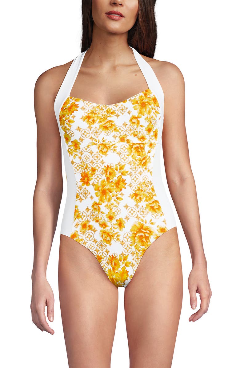 Lands' End Halter Cut Out High Leg One Piece Swimsuit, Alternate, color, Yellow Mosaic Floral/White