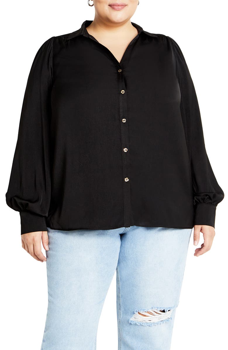 City Chic Hadlee V-Neck Button-Up Shirt, Main, color, Black
