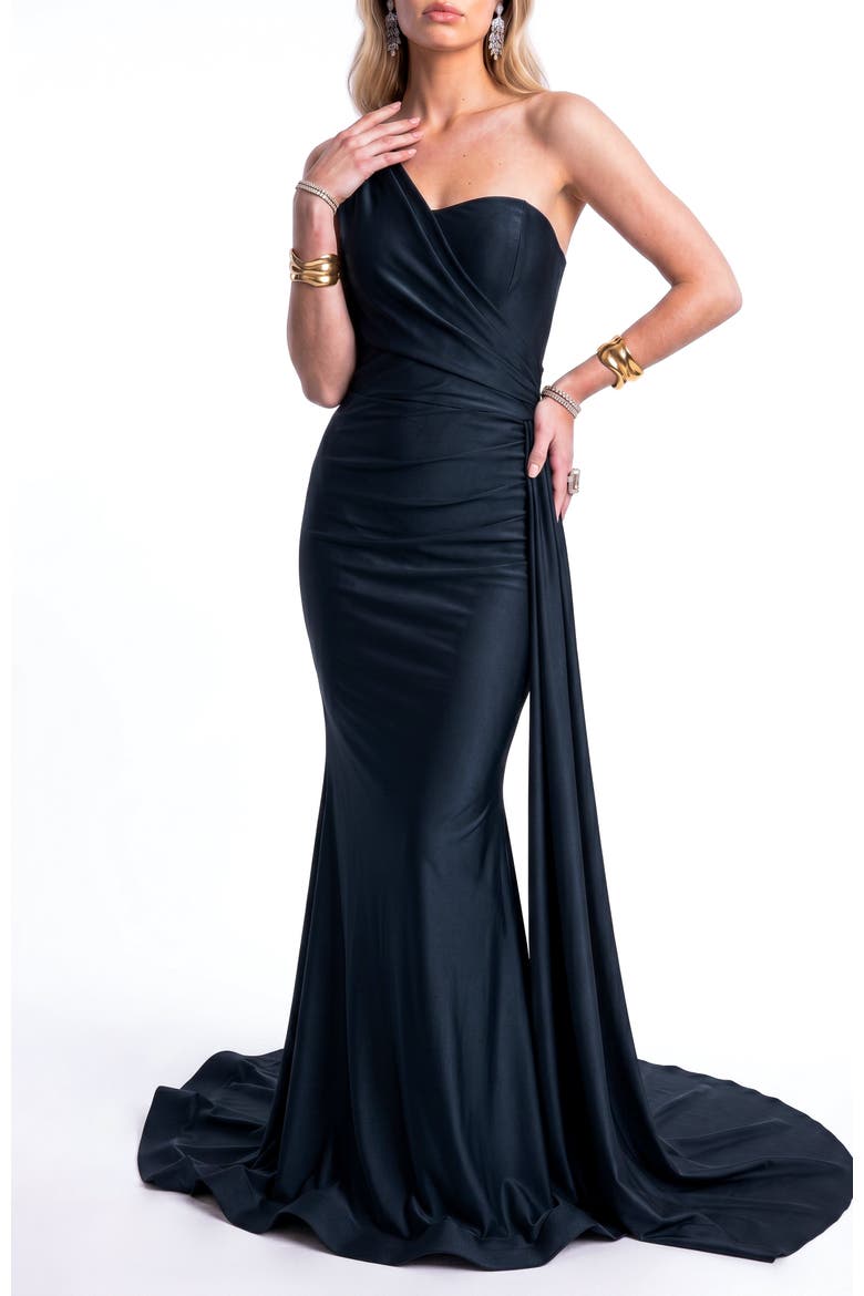 One-Shoulder Draped Satin Mermaid Gown With Side Cascade, Alternate, color, Black