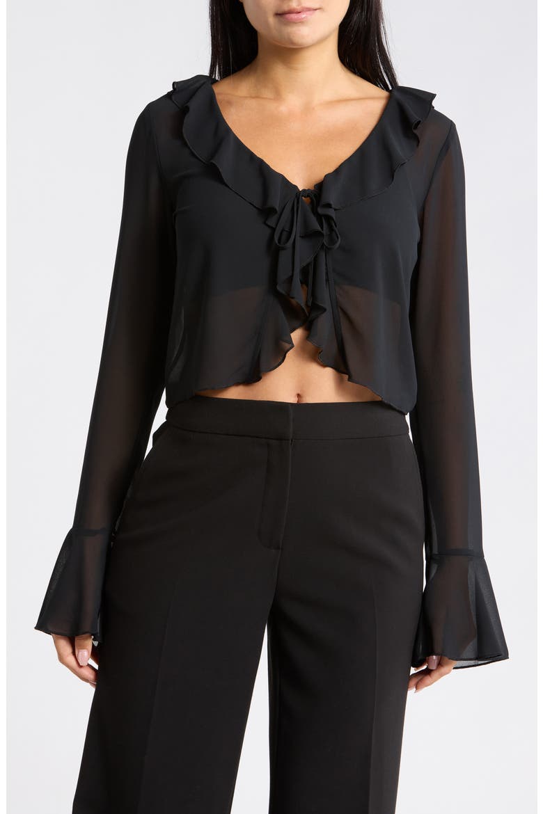Ruffle Tie Front Chiffon Top, Main, color, BLACK