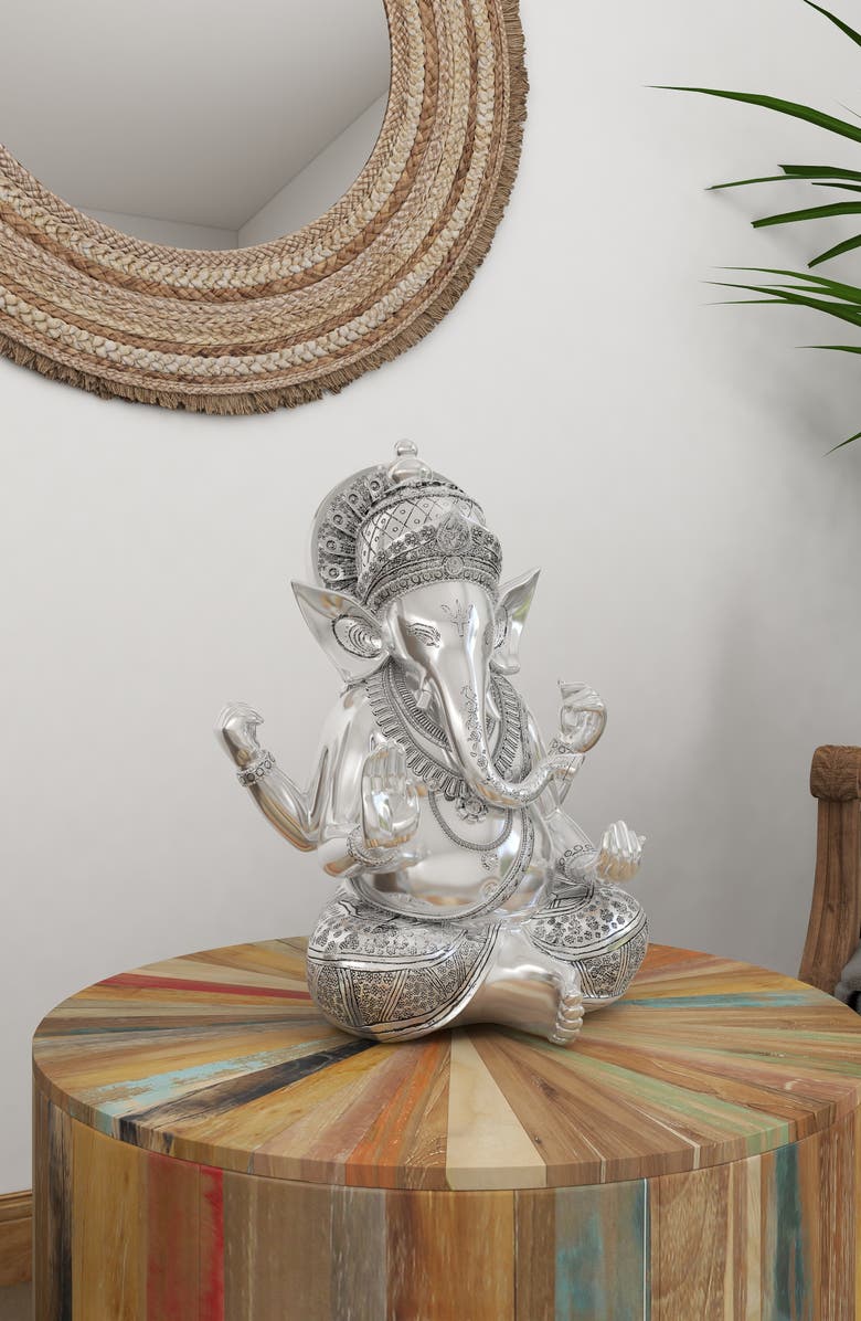 VIVIAN LUNE HOME Silvertone Polystone Meditating Ganesh Sculpture with Engraved Carvings and Relief Detailing, Alternate, color,