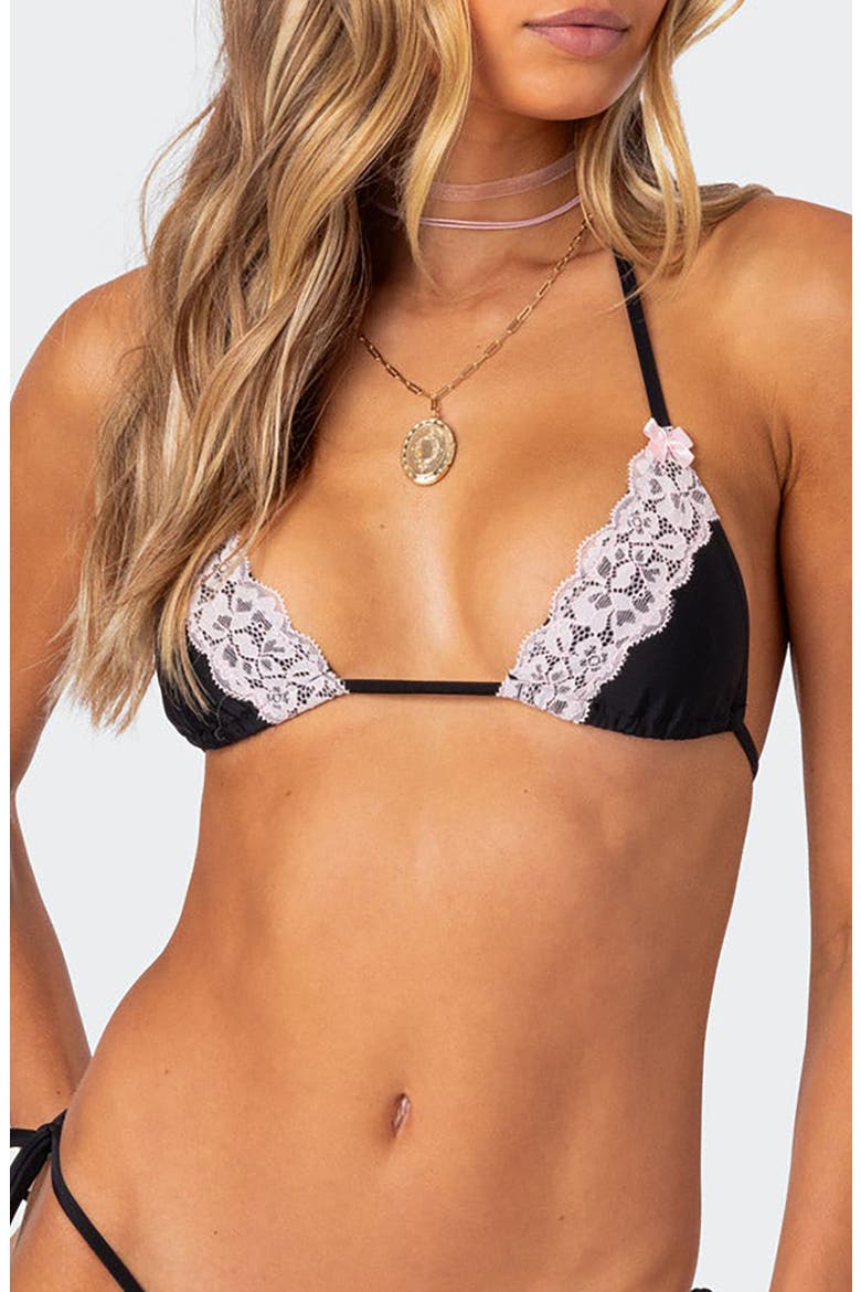 Cassey Lace Detail Triangle Bikini Top, Main, color, BLACK