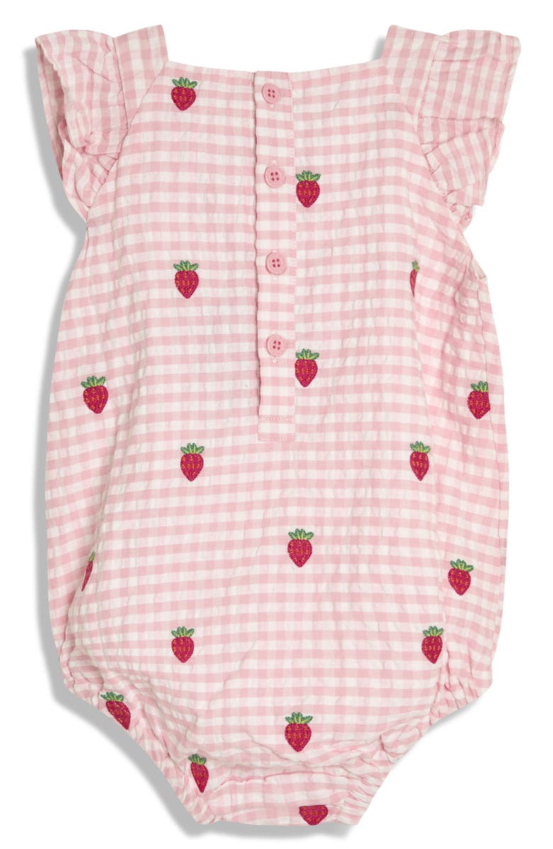 JOJO MAMAN BEBE Gingham Check Strawberry Embroidered Romper & Sun Hat Set, Alternate, color,
