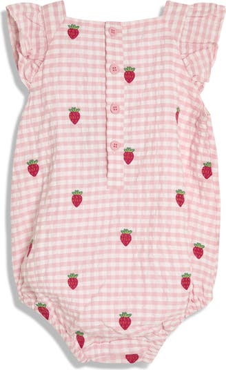 Gingham Check Strawberry Embroidered Romper & Sun Hat Set