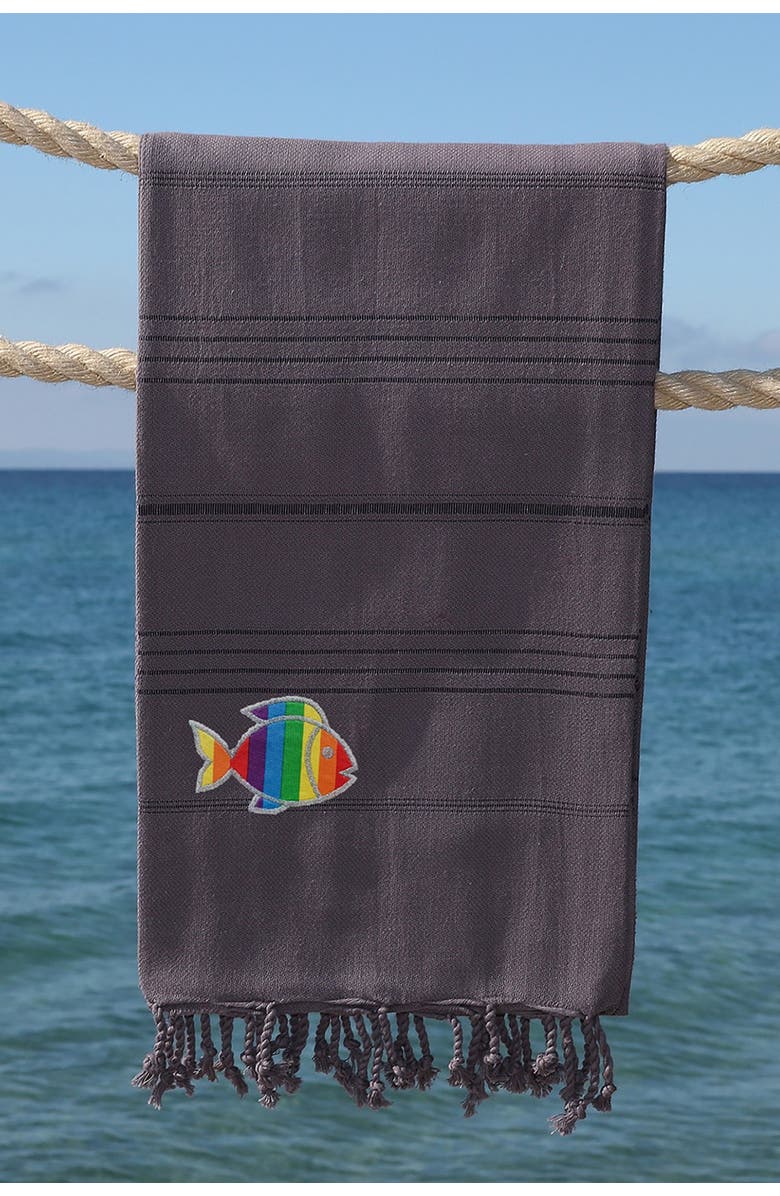 Linum Home Textiles 100% Turkish Cotton Summer Fun Sparkling Rainbow Fish Pestemal Beach Towel - Grey, Alternate, color, Grey
