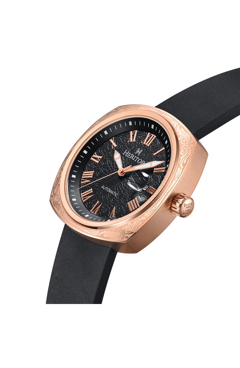 Heritor Automatic Davenport Engraved-Case Leather-Band Watch w/ Date, Alternate, color, Rose Gold/Black